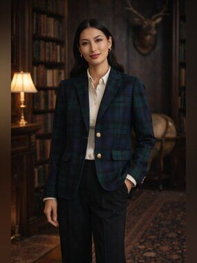 J Crew Blazer 2 Green Plaid Wool Schoolboy Elbow Patch Blackwatch Tartan